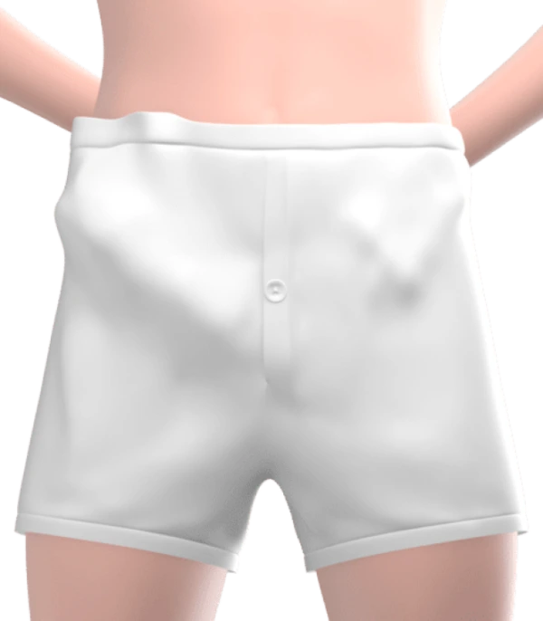3D male model wearing white boxers showing penis extender effect