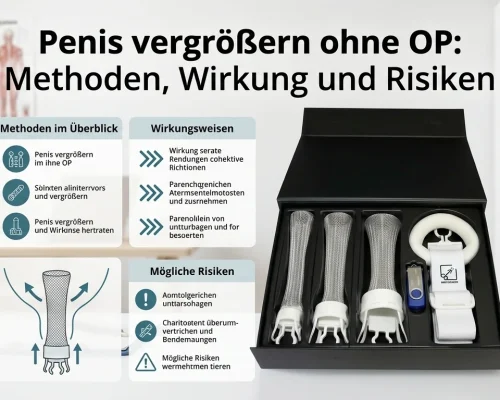 Penis vergrößern ohne OP: Infografik zu Methoden, Wirkung und Risiken mit Penis Extender Set in schwarzer Box