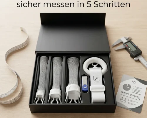 Penisdicke messen: Maßband, digitaler Messschieber und PeniXtend Set in schwarzer Box auf Holztisch